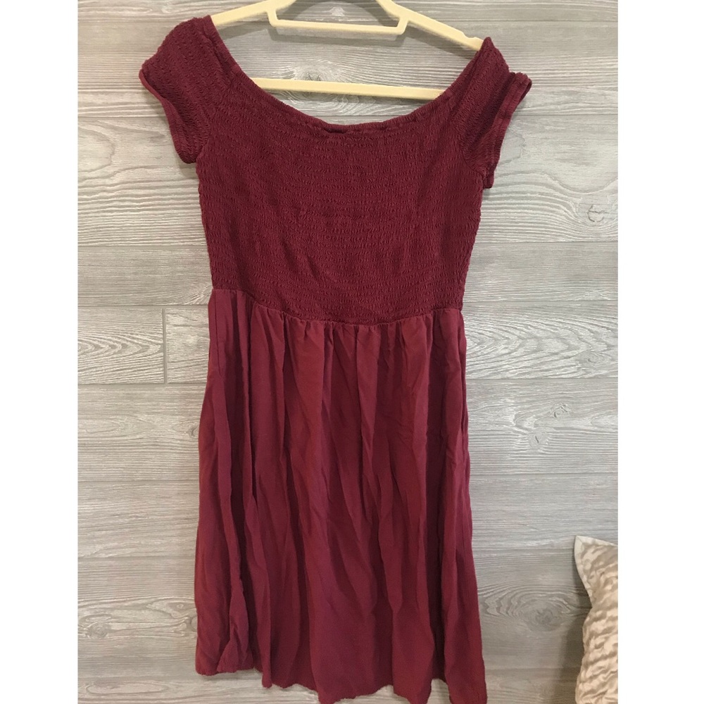 red off the shoulder flow dress